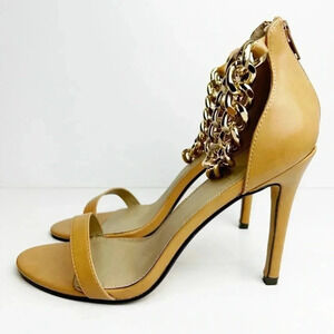 High 4” heel open toe shoe, Size 9, gold chain accents, tan Size 9, Elegant Sexy